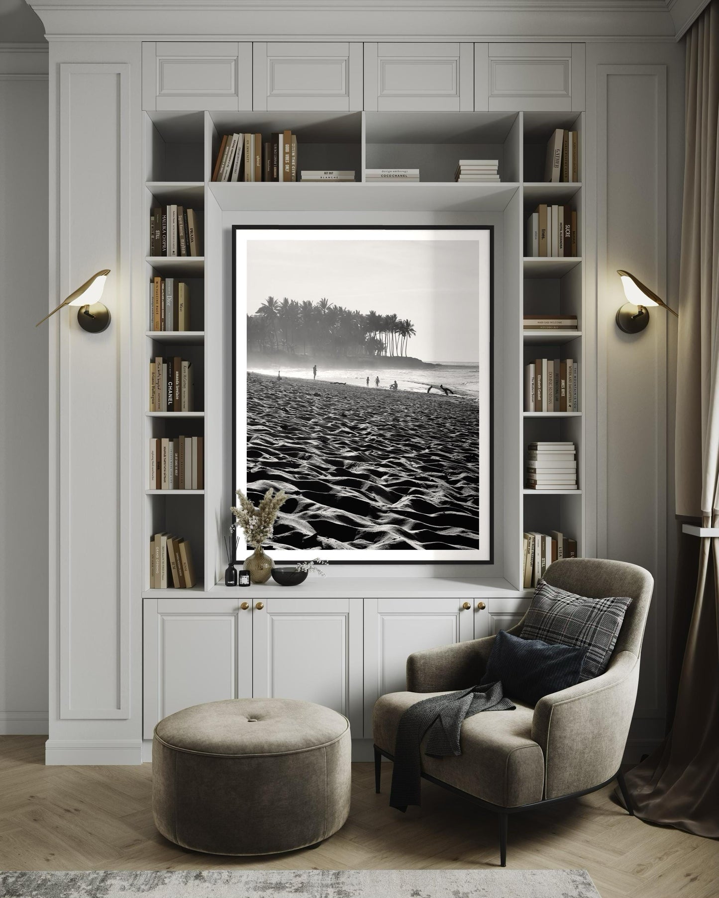 Fine Art Print - Black and White Coastal Beach Sand and Palm Trees - Island Travel Ocean Wall Art Home Wall Decor, Gift for her, Boho Decor