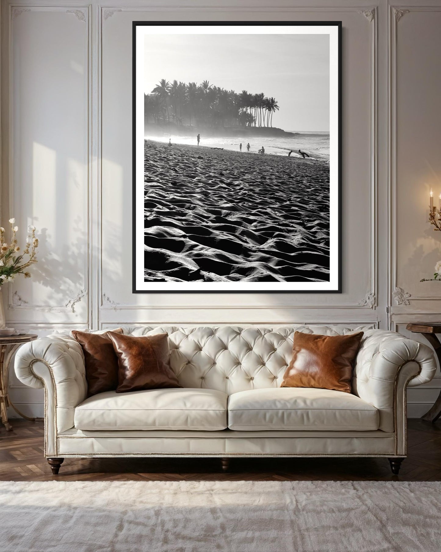 Fine Art Print - Black and White Coastal Beach Sand and Palm Trees - Island Travel Ocean Wall Art Home Wall Decor, Gift for her, Boho Decor