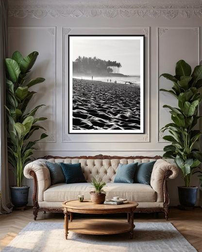 Fine Art Print - Black and White Coastal Beach Sand and Palm Trees - Island Travel Ocean Wall Art Home Wall Decor, Gift for her, Boho Decor