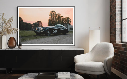 Fine Art Print - Sunset Vintage Jaguar XK120, Rob Ida Black Cat Wall Art, Classic Car Photography Wall Decor, Rustic Home Decor gift for him