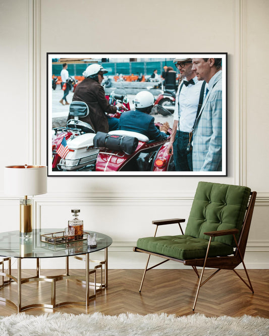 Fine Art Print - Side Car Vintage Motorcycle Wall Art, Retro Dapper Gentlemen Decor, American Flag, Cafe Racer, Man Cave Decor Gift for him
