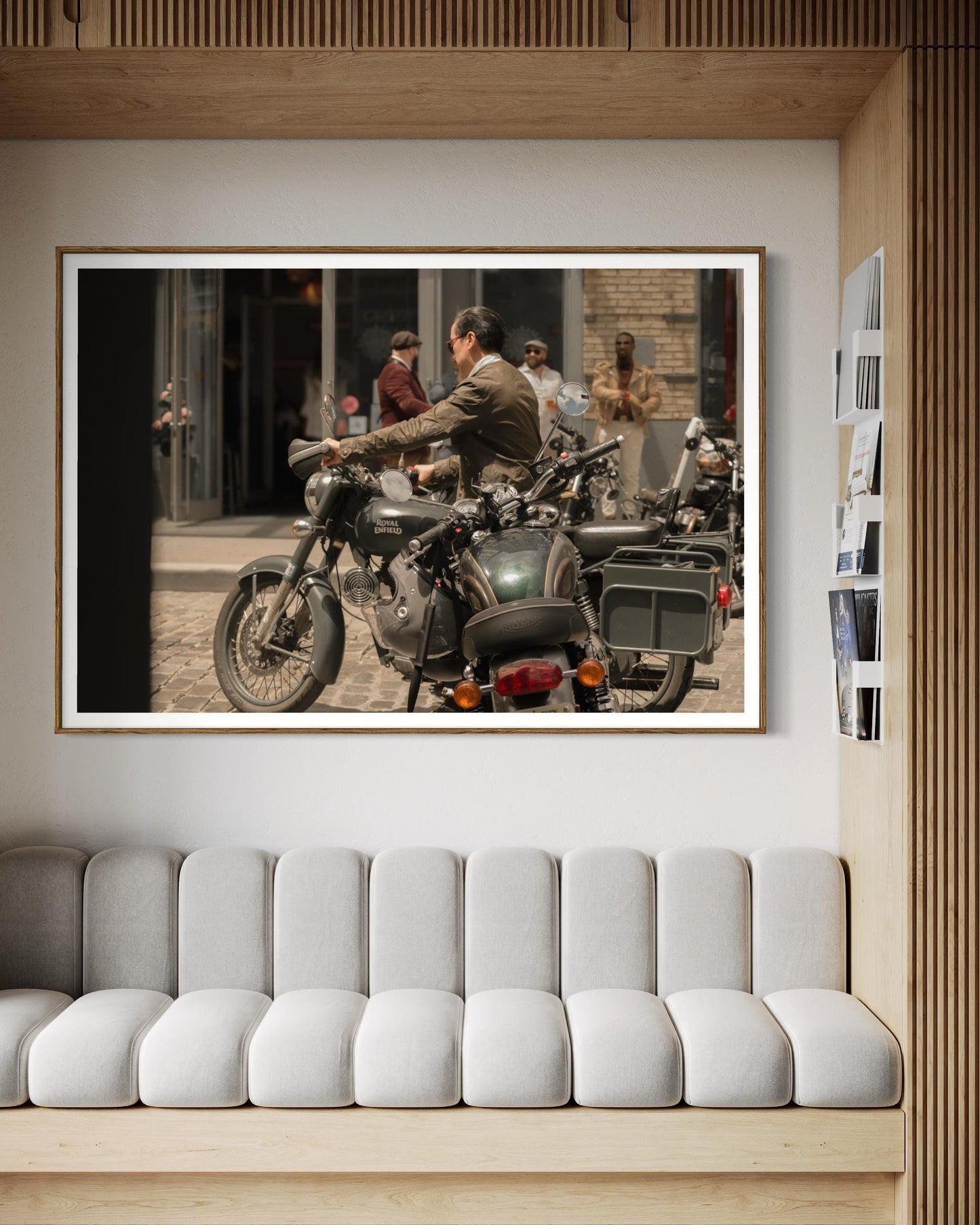 Fine Art Print - Royal Enfield x Triumph Motorcycle Bar Scene | Cafe Racer Wall Art | New York City Bar Decor by Gil Stunner,  gift for him