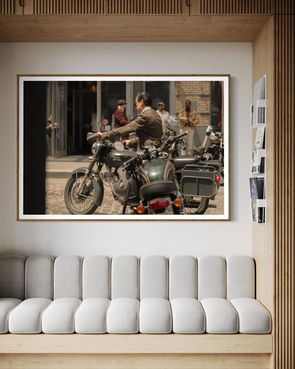 Fine Art Print - Royal Enfield x Triumph Motorcycle Bar Scene | Cafe Racer Wall Art | New York City Bar Decor by Gil Stunner,  gift for him