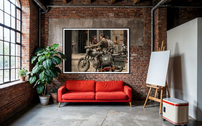 Fine Art Print - Royal Enfield x Triumph Motorcycle Bar Scene | Cafe Racer Wall Art | New York City Bar Decor by Gil Stunner,  gift for him
