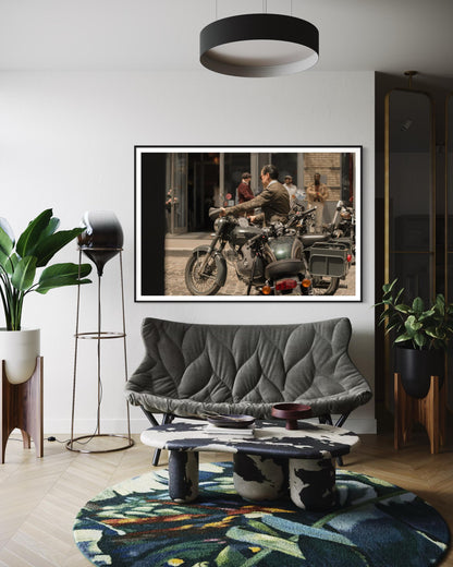 Fine Art Print - Royal Enfield x Triumph Motorcycle Bar Scene | Cafe Racer Wall Art | New York City Bar Decor by Gil Stunner,  gift for him