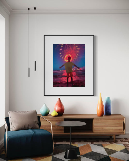 Fine Art Print - Colorful Fireworks Beach Art Print, Vibrant Night Sky Celebration Wall Art, Wall Decor, Art Deco, Boho, Gift Ideas Poster
