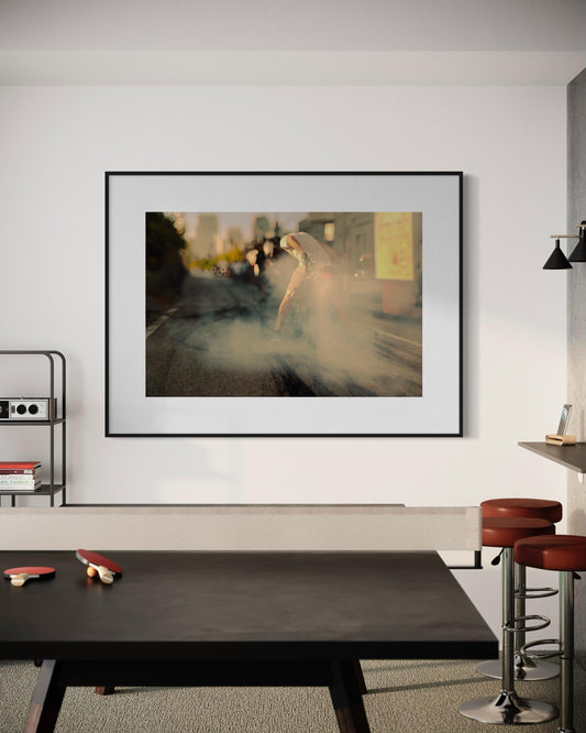 Fine Art Print - Motorcycle Burnout, Smoky Street Scene, Biker Lifestyle Wall Art, Gold Yellow Accent Decor, Gift for him, biker, garage