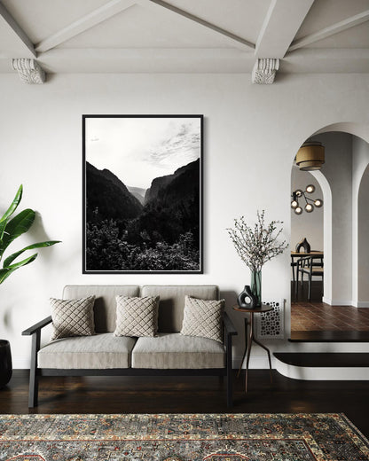 Fine Art Print - Black and white Mountain Valley Landscape, Rocky Canyon Wall Art, Greece, Mediterranean landscape decor, Lebanon, gift