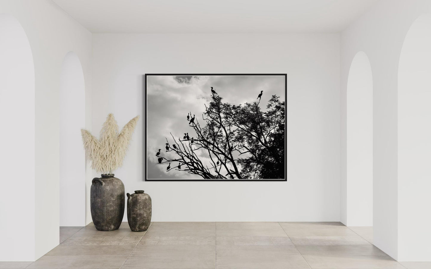 Fine Art Print - Black and White Bird Duck Silhouette Wall Art, Tree Branches landscape decor,  minimalist decor, nature lovers gift, modern