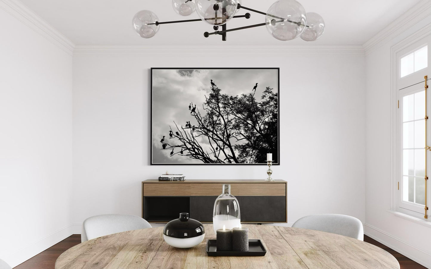 Fine Art Print - Black and White Bird Duck Silhouette Wall Art, Tree Branches landscape decor,  minimalist decor, nature lovers gift, modern
