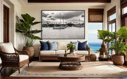Fine Art Print, Black and white Coastal sailboat harbor Wall Art, palm tree Marina, Venice Beach, coastal decor, beach, California, gift