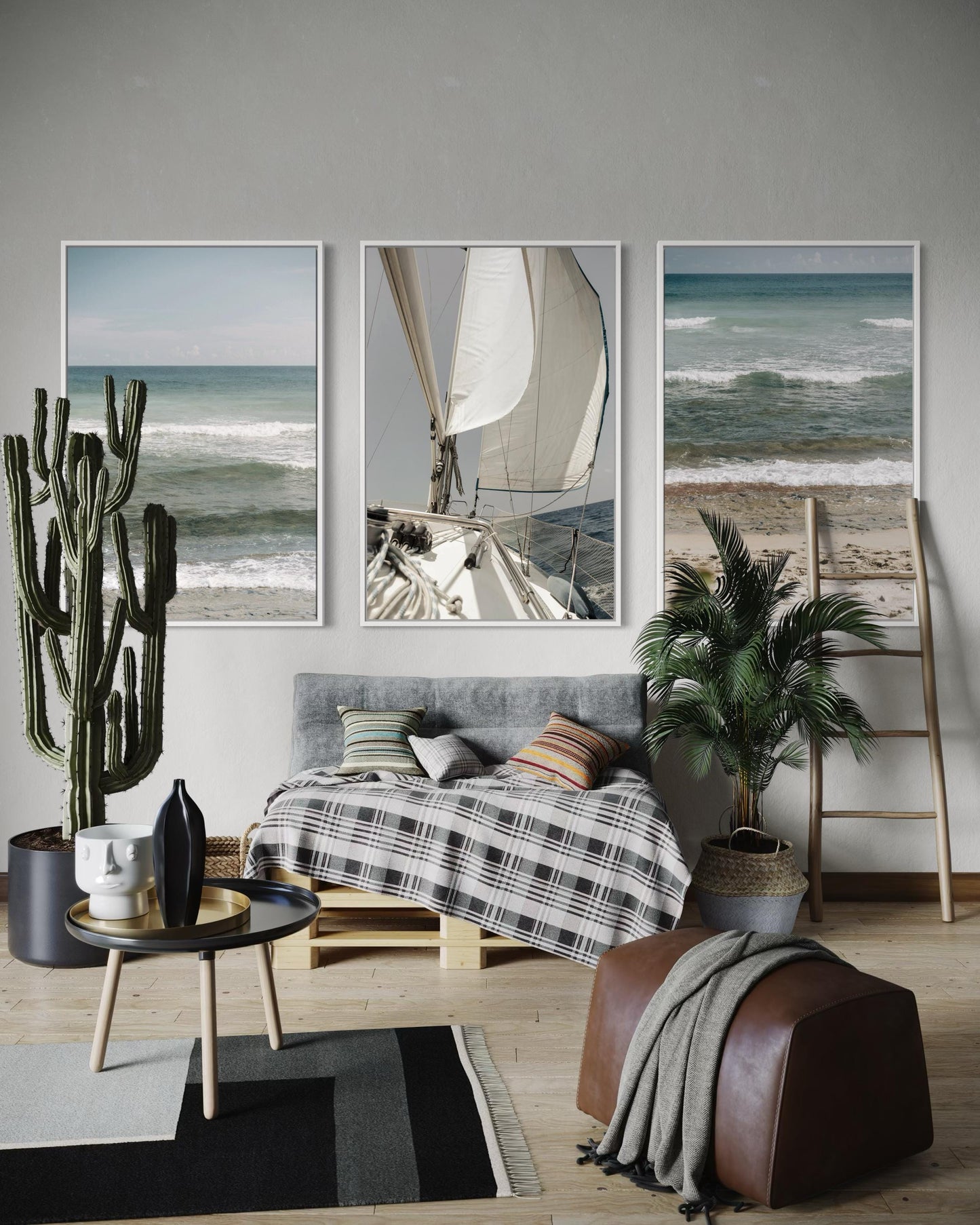 Fine Art Print - Coastal triptych wall art, set of 3 ocean waves and sailboat, for serene neutral decor, calm beach photo for coastal decor