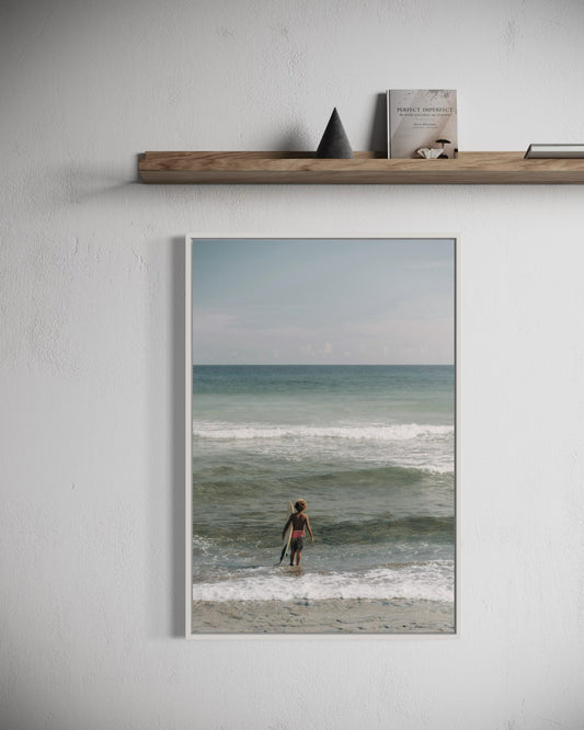 Fine Art Print - Coastal surfer photo, serene ocean waves wall art for beach house decor, minimalist seaside photography, calm surf vibes