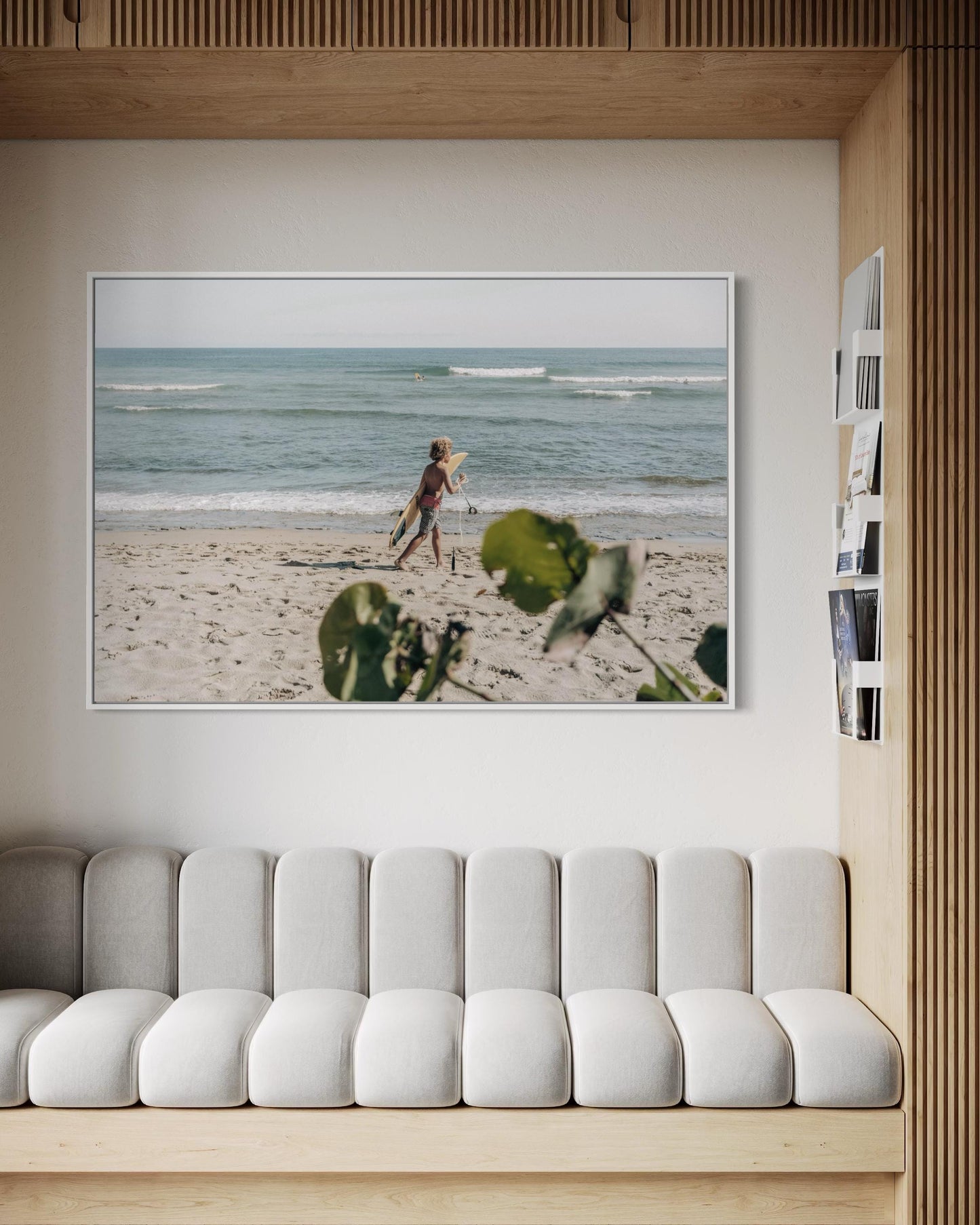 Fine Art Print - Coastal surfer wall art photo, sunlit beach with ocean waves, neutral minimalist seaside decor, beach house, gift, airbnb