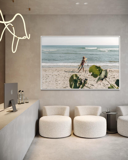 Fine Art Print - Coastal surfer wall art photo, sunlit beach with ocean waves, neutral minimalist seaside decor, beach house, gift, airbnb