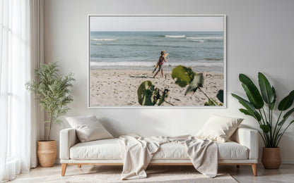 Fine Art Print - Coastal surfer wall art photo, sunlit beach with ocean waves, neutral minimalist seaside decor, beach house, gift, airbnb