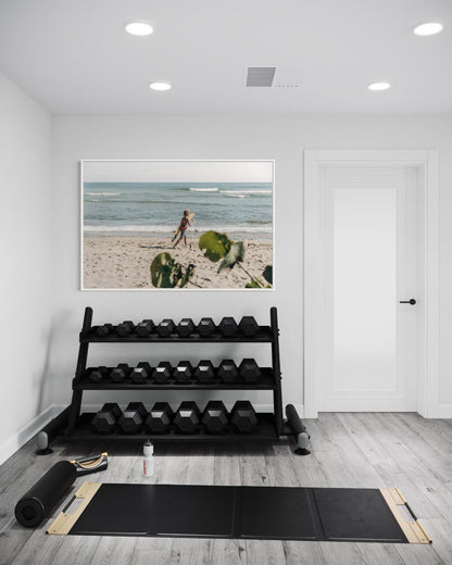 Fine Art Print - Coastal surfer wall art photo, sunlit beach with ocean waves, neutral minimalist seaside decor, beach house, gift, airbnb