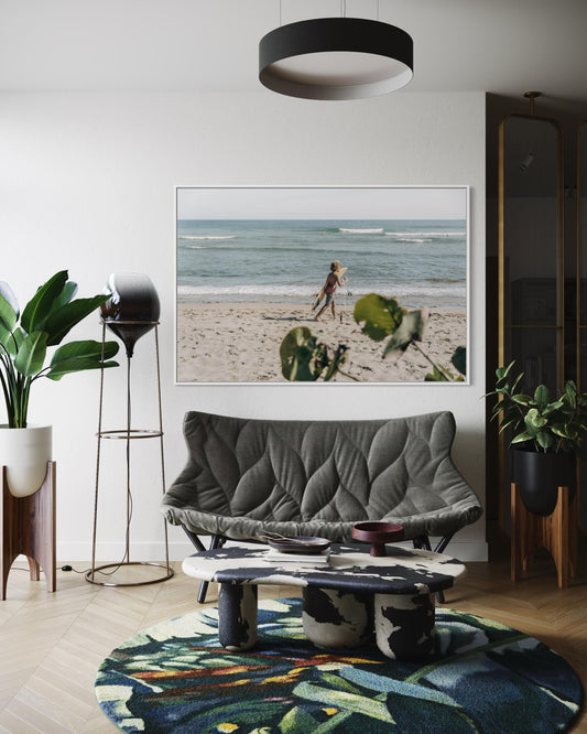 Fine Art Print - Coastal surfer wall art photo, sunlit beach with ocean waves, neutral minimalist seaside decor, beach house, gift, airbnb