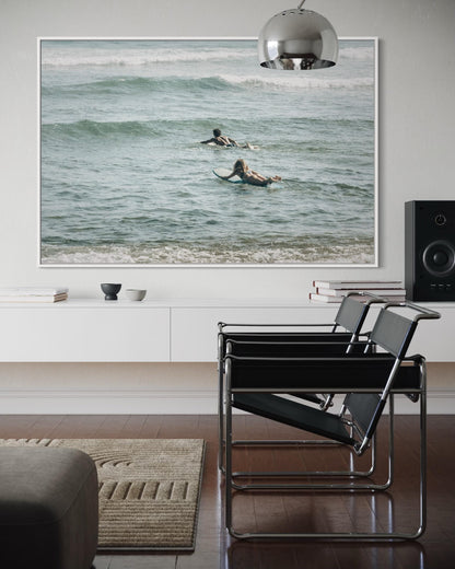 Fine Art Print - Neutral coastal surfers photo, minimalist ocean waves wall art for beach house decor, sea photography for modern homes
