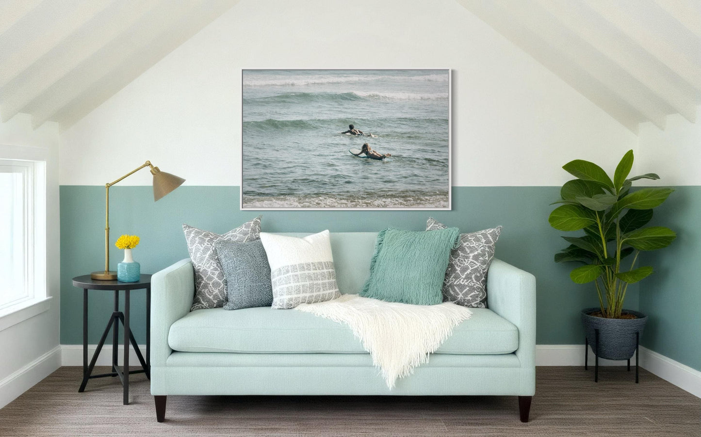 Fine Art Print - Neutral coastal surfers photo, minimalist ocean waves wall art for beach house decor, sea photography for modern homes