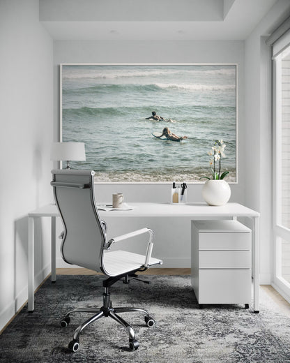 Fine Art Print - Neutral coastal surfers photo, minimalist ocean waves wall art for beach house decor, sea photography for modern homes