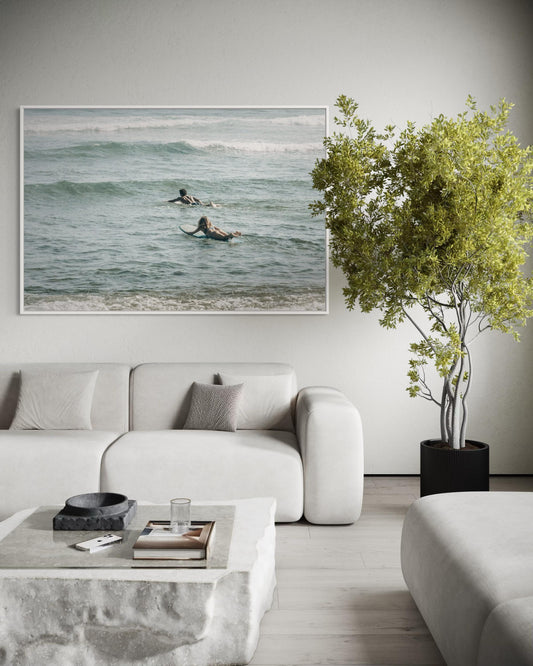 Fine Art Print - Neutral coastal surfers photo, minimalist ocean waves wall art for beach house decor, sea photography for modern homes