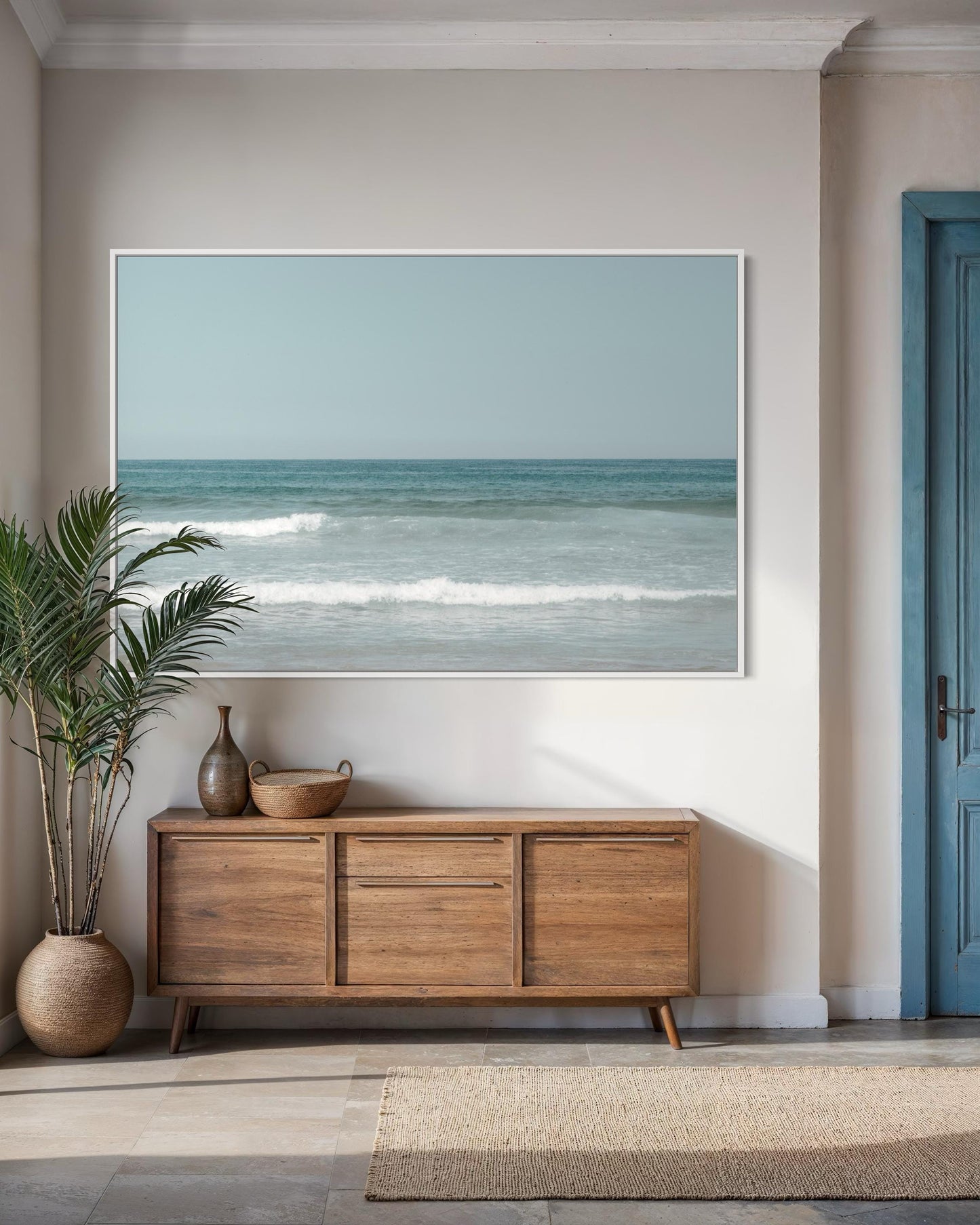 Fine Art Print - Neutral coastal ocean horizon photo, minimalist seafoam ocean waves wall art for serene home decor, calming beach decor