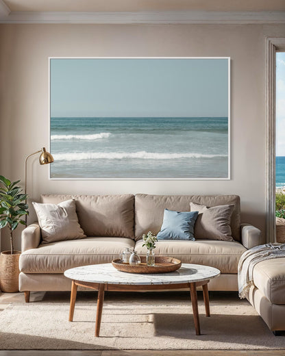 Fine Art Print - Neutral coastal ocean horizon photo, minimalist seafoam ocean waves wall art for serene home decor, calming beach decor