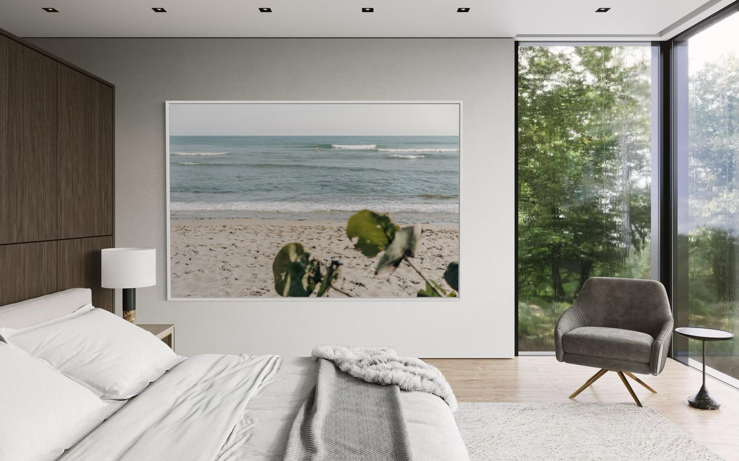 Fine Art Print - Neutral coastal ocean waves wall art, sandy shoreline with soft bokeh leaves, serene beach for minimalist calm decor, Surf