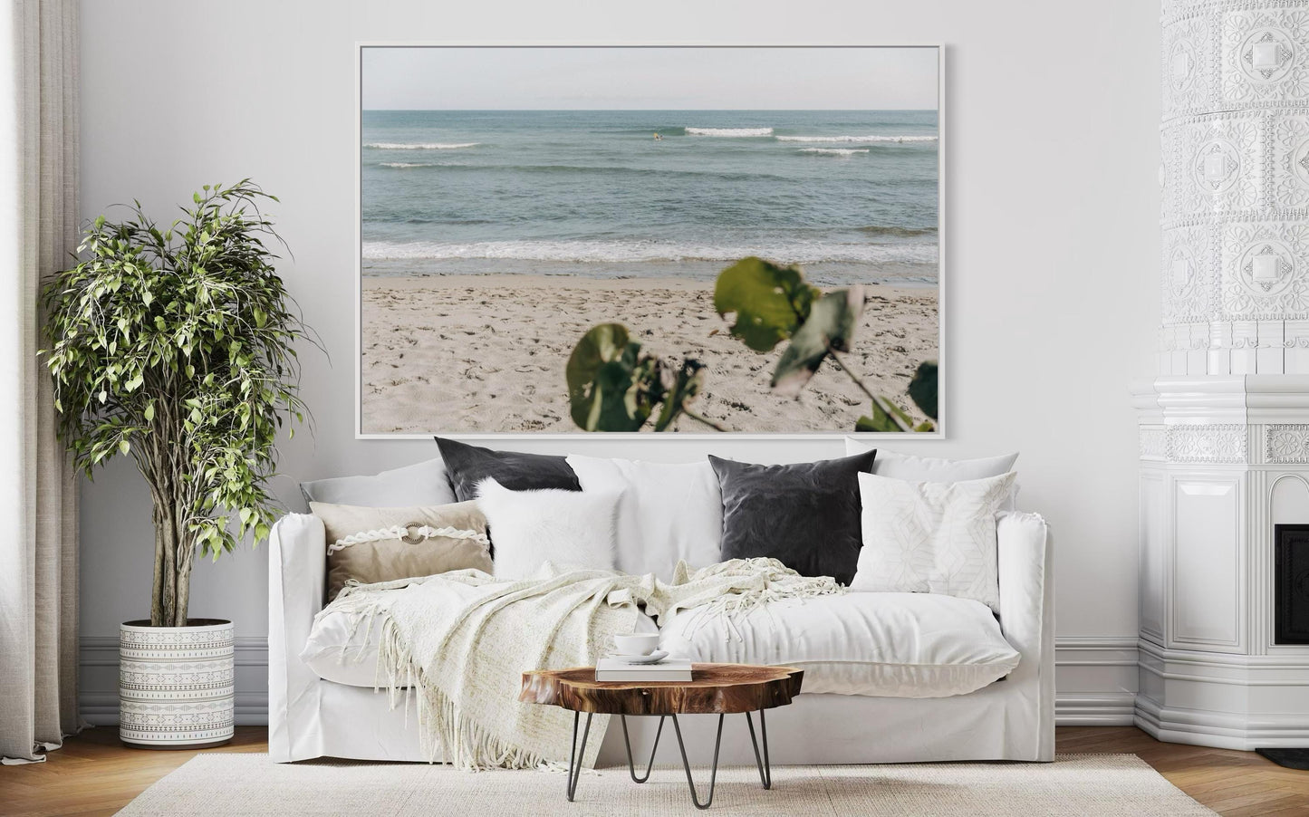Fine Art Print - Neutral coastal ocean waves wall art, sandy shoreline with soft bokeh leaves, serene beach for minimalist calm decor, Surf