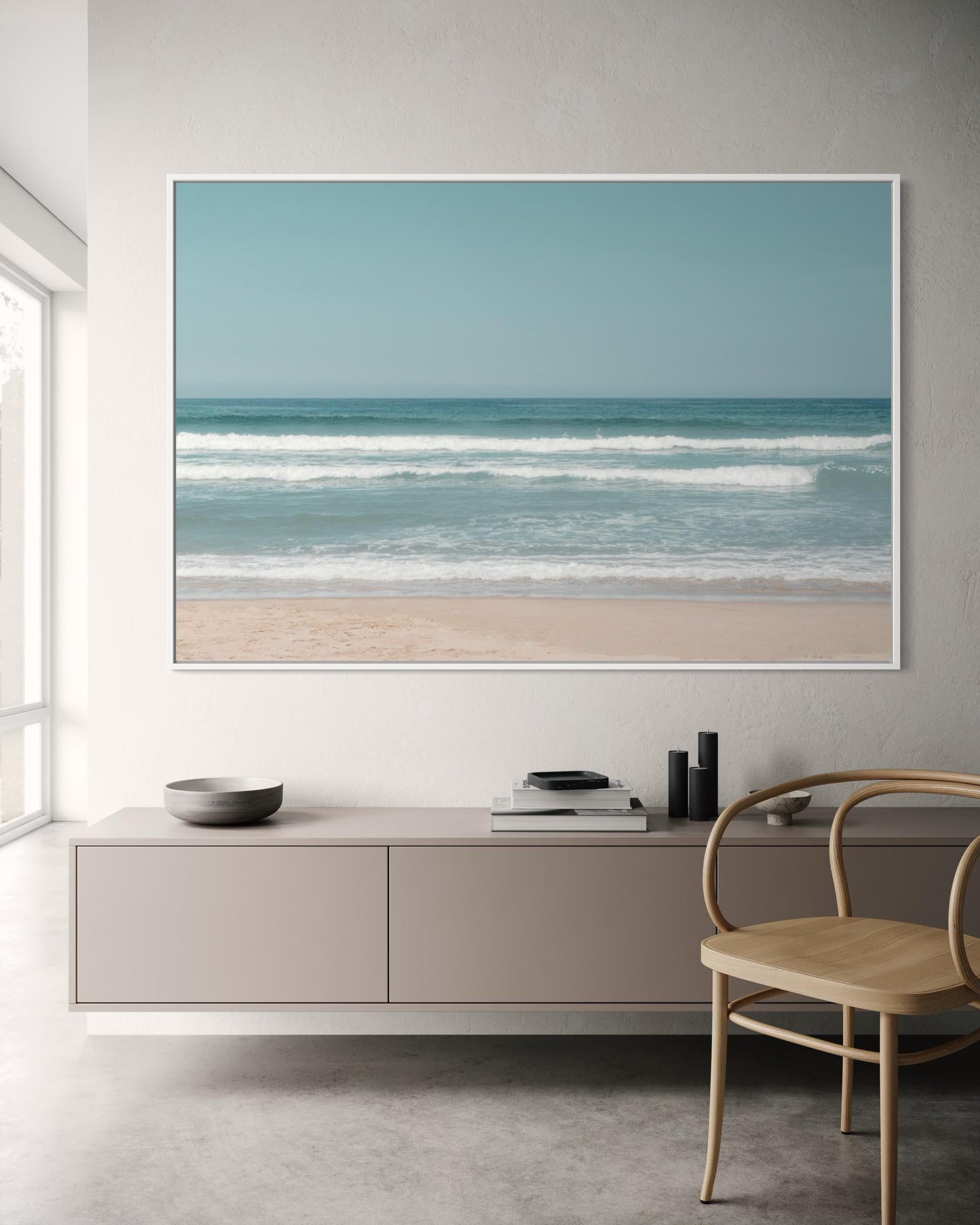 Fine Art Print - Neutral coastal ocean horizon photo, minimalist seafoam ocean waves wall art for serene home decor, calming beach decor