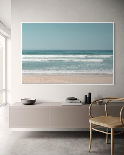 Fine Art Print - Neutral coastal ocean horizon photo, minimalist seafoam ocean waves wall art for serene home decor, calming beach decor