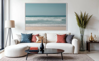 Fine Art Print - Neutral coastal ocean horizon photo, minimalist seafoam ocean waves wall art for serene home decor, calming beach decor