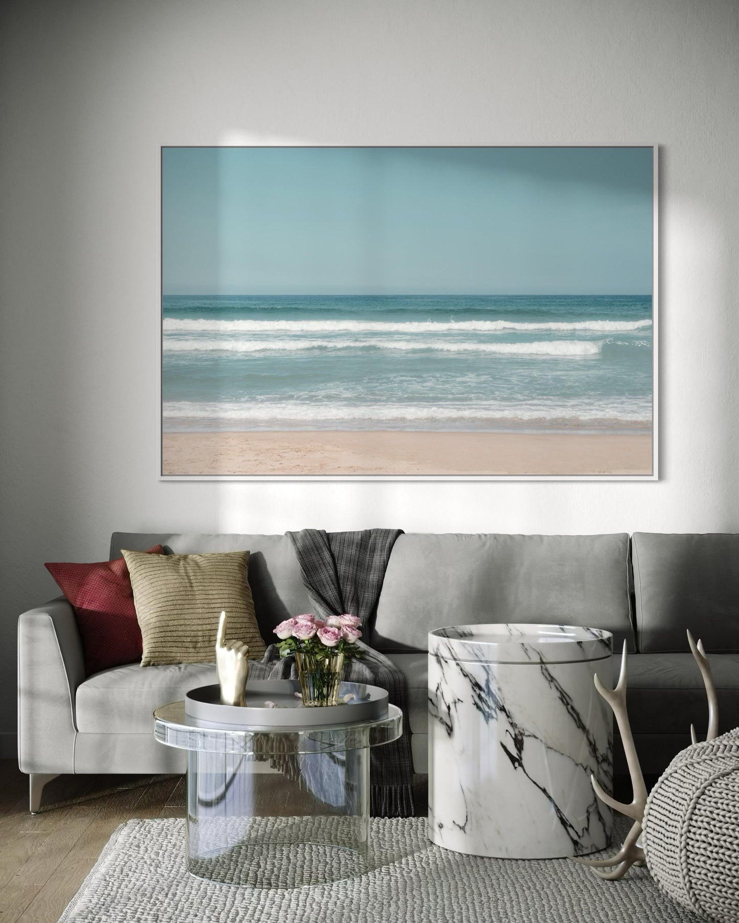 Fine Art Print - Neutral coastal ocean horizon photo, minimalist seafoam ocean waves wall art for serene home decor, calming beach decor