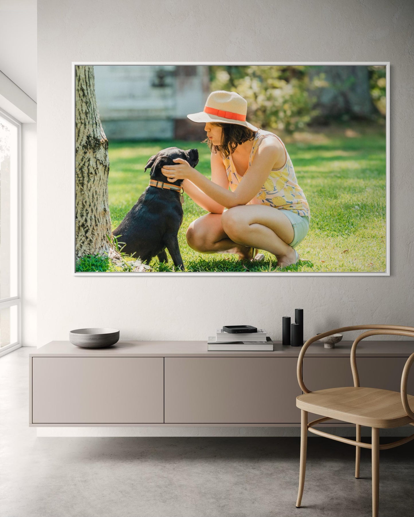 Fine Art Print - Woman and Puppy dog Wall Art, Pet lovers print, cozy lifestyle home decor, decor for puppy lovers, black dog, gift