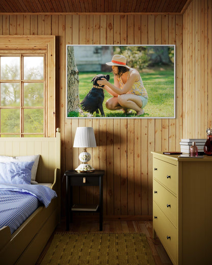 Fine Art Print - Woman and Puppy dog Wall Art, Pet lovers print, cozy lifestyle home decor, decor for puppy lovers, black dog, gift