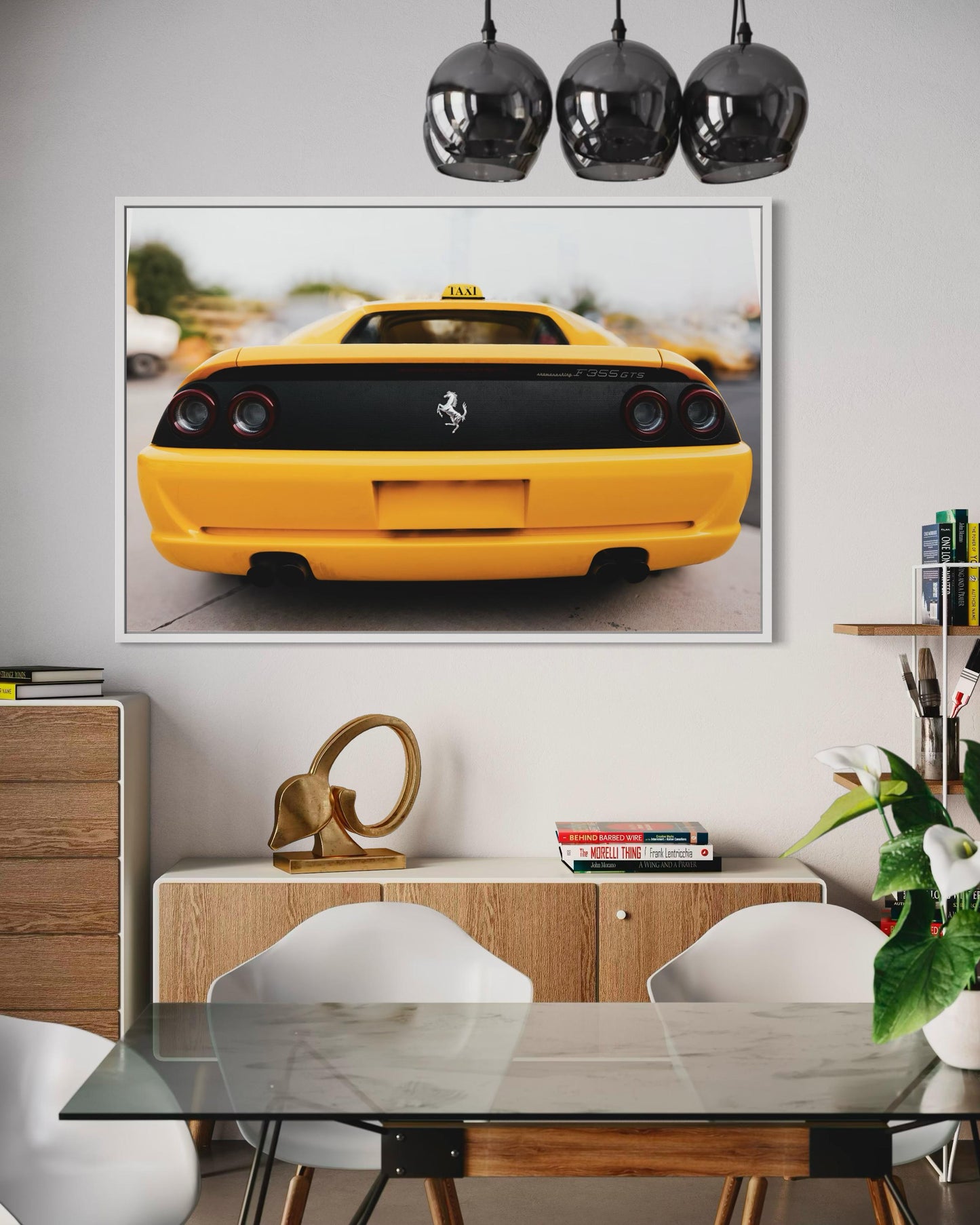 Fine Art Print - Yellow Ferrari F355 wall art, Yellow Taxi sign, luxury supercar decor for garage or office, modern automotive Poster, Gift