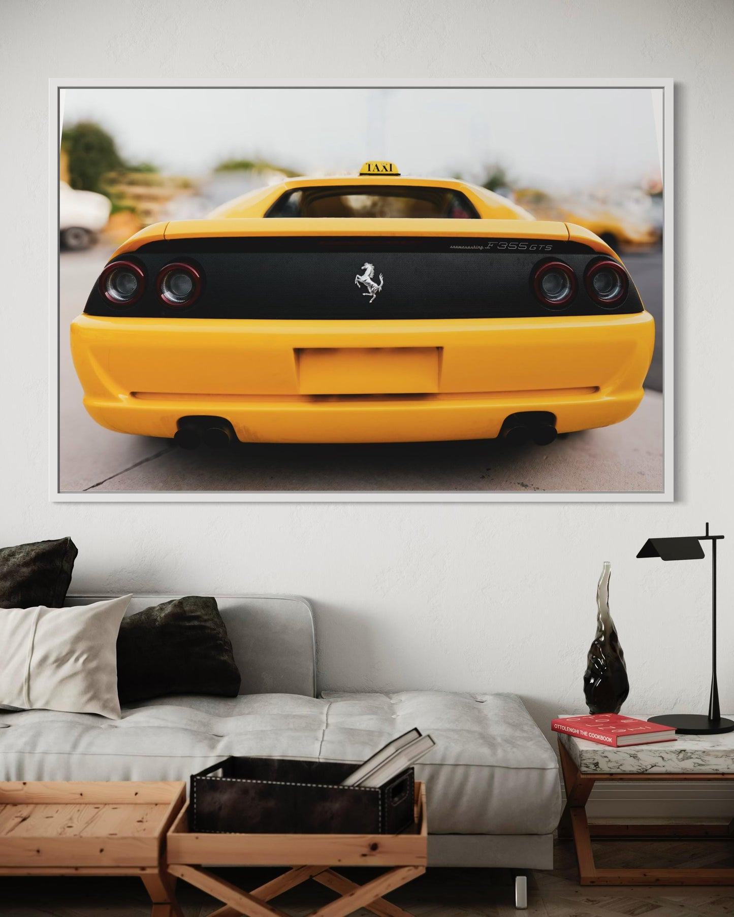 Fine Art Print - Yellow Ferrari F355 wall art, Yellow Taxi sign, luxury supercar decor for garage or office, modern automotive Poster, Gift