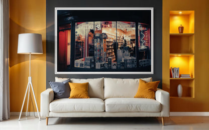 Fine Art Print - Cozy neon bookstore cafe Wall Art, wine bar beer, Espresso window city, for modern home decor style, Library Decor, Coffee
