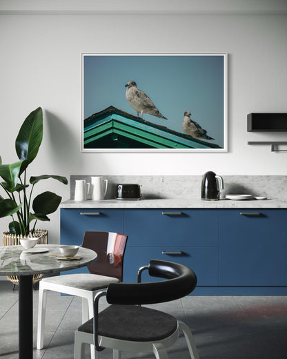 Fine Art Print - Seagulls on teal roof coastal wall art, beach house decor in soft pastel sky, serene ocean minimalism fine art for home