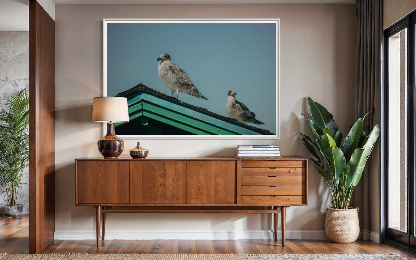 Fine Art Print - Seagulls on teal roof coastal wall art, beach house decor in soft pastel sky, serene ocean minimalism fine art for home
