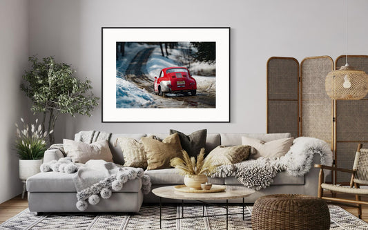Fine Art print  Porsche 356 in the snow,  Winter Rally Wall Art, Vintage Classic Car Poster, Cabin Decor, Ski Snow Mountain, Man Cave, Gift
