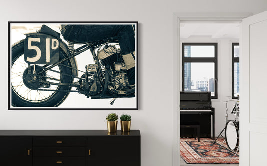 Fine Art print - Vintage motorcycle photograph, black and white wall art print, engine and wheel detail, decor for garage or office, gift