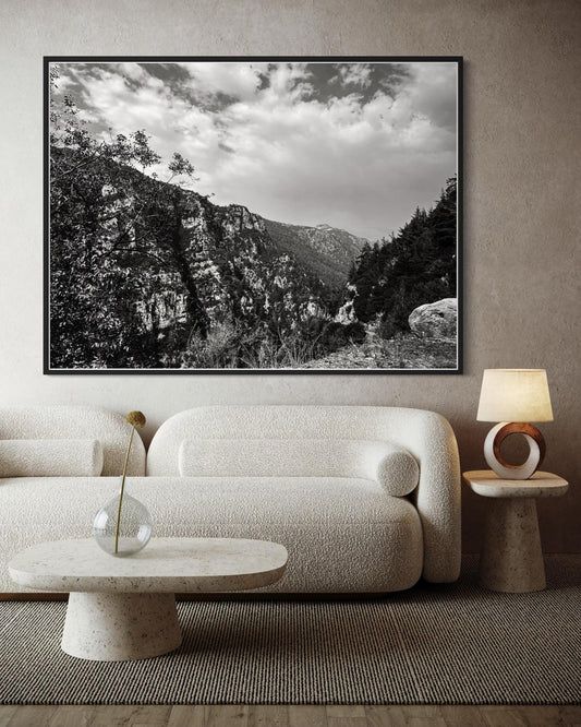 Fine Art Print - Black and white Rocky Mountains Canyon Wall Art, Greece, Mediterranean landscape decor,  rustic decor, nature lovers gift