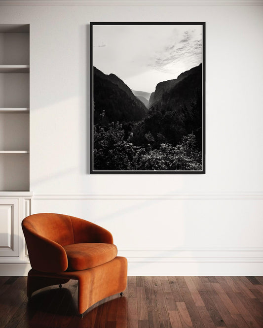 Fine Art Print - Black and white Mountain Valley Landscape, Rocky Canyon Wall Art, Greece, Mediterranean landscape decor, Lebanon, gift