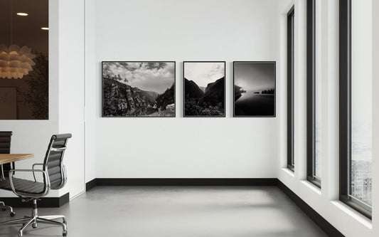 Fine Art Print - Black and white Mountain triptych wall art set of 3, minimalist landscape photo prints for modern neutral decor, gift set