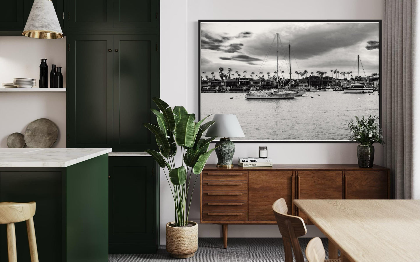 Fine Art Print, Black and white Coastal sailboat harbor Wall Art, palm tree Marina, Venice Beach, coastal decor, beach, California, gift