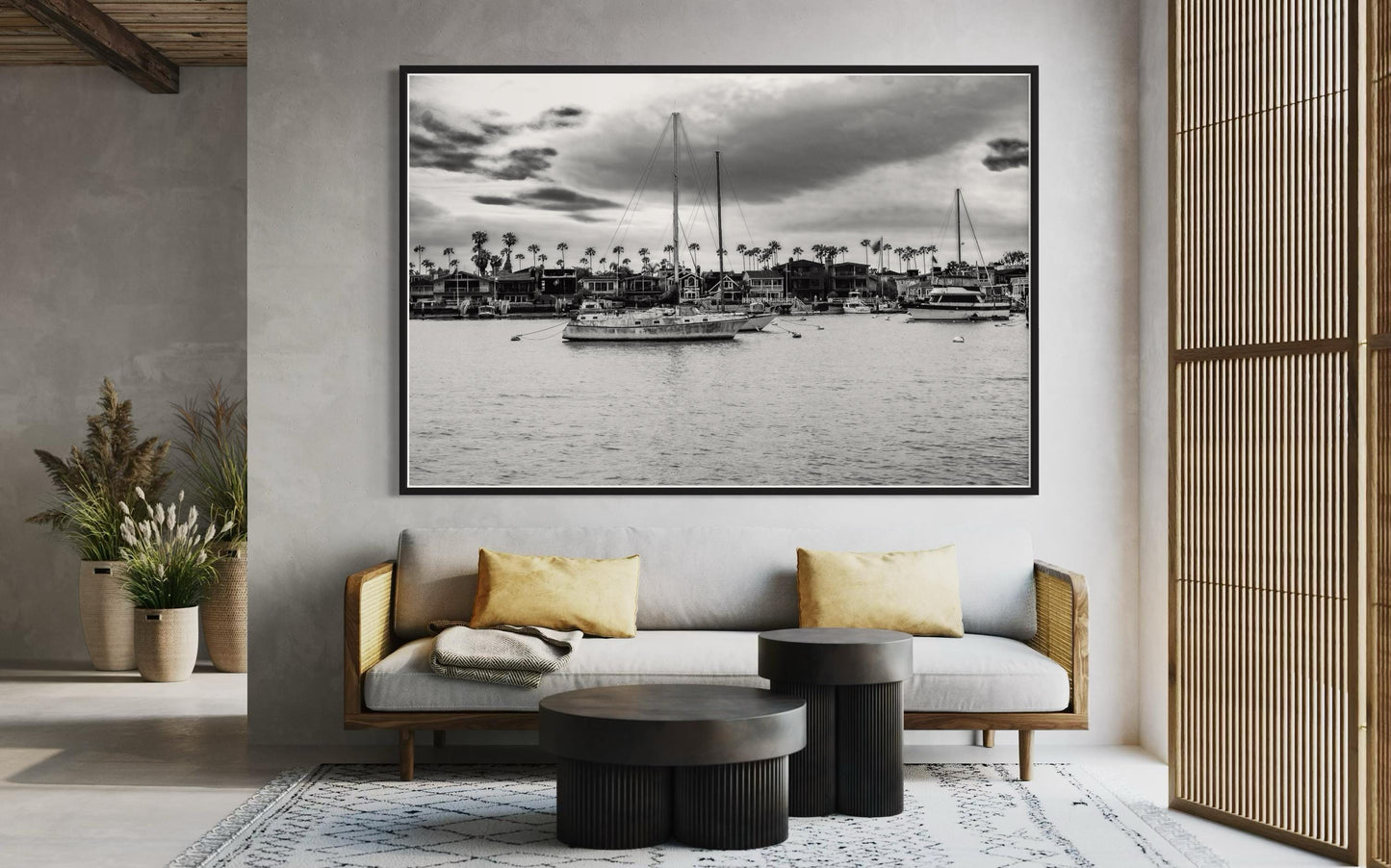 Fine Art Print, Black and white Coastal sailboat harbor Wall Art, palm tree Marina, Venice Beach, coastal decor, beach, California, gift
