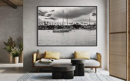 Fine Art Print, Black and white Coastal sailboat harbor Wall Art, palm tree Marina, Venice Beach, coastal decor, beach, California, gift