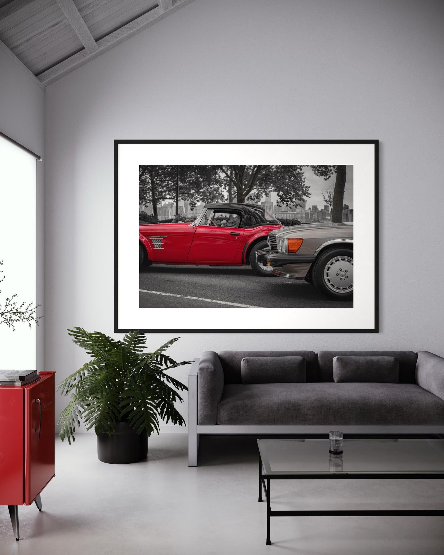 Mercedes 107 SL  MG A Roadster - NYC Skyline Art Print